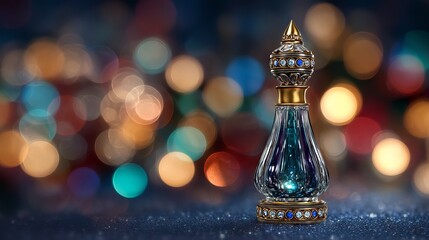Ornate glass perfume bottle with golden cap on reflective surface against colorful bokeh background elegant luxury fragrance beauty product mockup with copy space for advertising and branding
