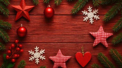 Festive red Christmas decorations arranged.