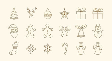 Festive Holiday Icons A Collection of Christmas Symbols and Decorations in Line Art Style