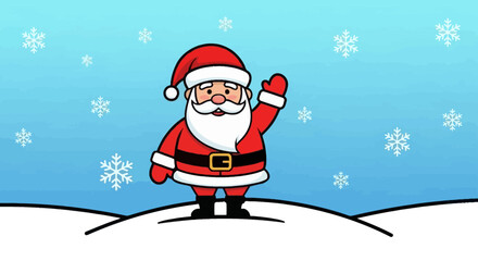 Santa Claus waving in a snowy landscape, celebrating the holiday season with snowflakes falling