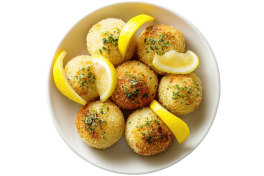 Fried rice balls with lemon in bowl, food, close-up