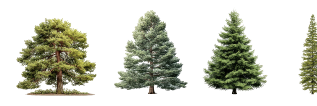 Four different isolated fir and pine trees stand in a row