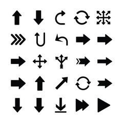 Arrows glyph icon set. Vector pictograms of direction, move, pointer, rotate, turn, return, expand, merge, diverge, black sign silhouette illustration