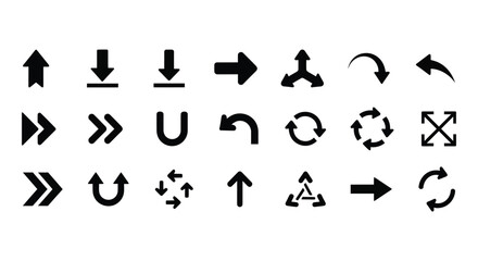 Arrows glyph icon set. Vector pictograms of direction, move, pointer, rotate, turn, return, expand, merge, diverge, black sign silhouette illustration