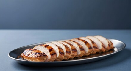 Sliced grilled chicken breast presented on a silver platter, against a gray background