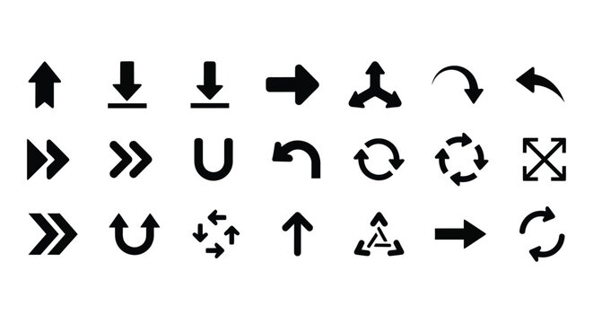 Arrows glyph icon set. Vector pictograms of direction, move, pointer, rotate, turn, return, expand, merge, diverge, black sign silhouette illustration