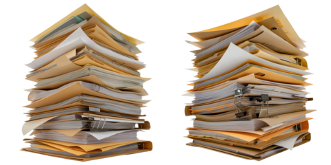 Two stacks of messy paperwork isolated on transparent background