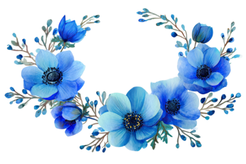 Blue anemone floral wreath on black