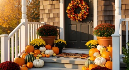 Autumnal porch with pumpkins, mums and a wreath on the front door