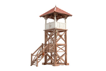 Ornate wooden tower, two levels, stairs to the top