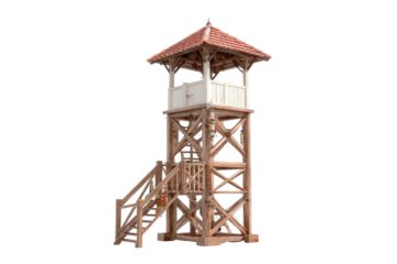 Ornate wooden tower, two levels, stairs to the top