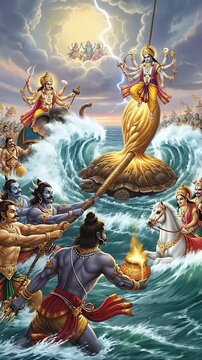 Samudra manthana legend, ocean churning event in hindu mythology. Ideal for illustrating mythological stories and religious concepts.