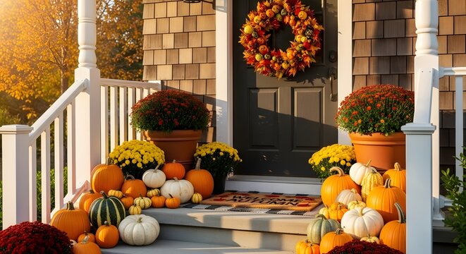 Autumnal porch with pumpkins, mums and a wreath on the front door