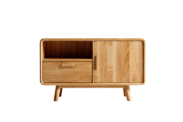 Light wood cabinet with drawer, cubby, door, and angled legs