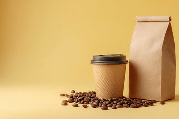 Paper coffee cup beans and bag on a warm yellow background