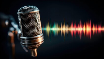 Vintage microphone with colorful sound waves in a dark studio setting