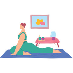 A Woman in Teal Activewear Performs Pigeon Pose on a Blue Yoga Mat with a Candle and Lamp on a Table in the Background