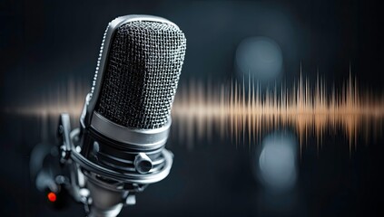 A vintage microphone with an audio waveform in blurred background