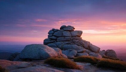 Dramatic rocky outcrop silhouetted against a vibrant sunset in the mountains
