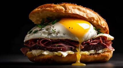 Yolk drip and herb scatter evoke clarity, ritual, and editorial depth in culinary storytelling. Bun gloss and meat layering highlight richness, texture, and flavor rhythm.
