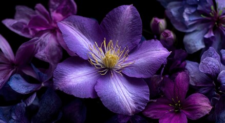 Close up view of vibrant purple clematis flowers in soft focus