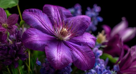 A close up view of vibrant purple clematis flowers in bloom