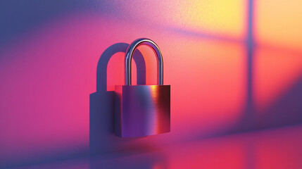 Floating modern slick padlock casts a soft gradient shadow against a clean background symbolizing digital security protection privacy and minimal futuristic design
