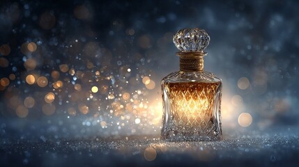 Ornate glass perfume bottle on reflective surface with glowing bokeh lights elegant luxury fragrance mockup for beauty branding product showcase with warm ambience background and copy space