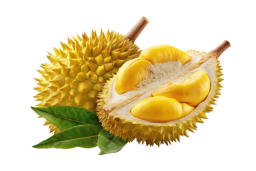 Spiky durian, halved, creamy yellow sections, green leaves