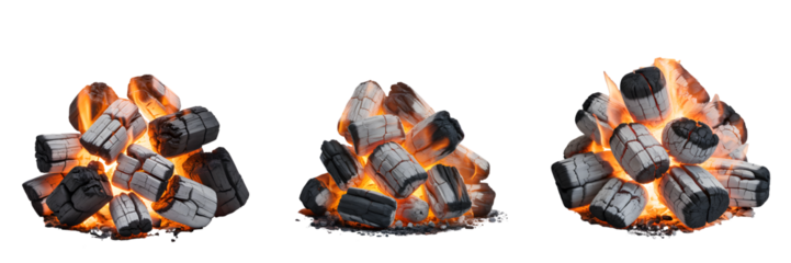 Set For Three piles of glowing charcoal isolated on transparent background