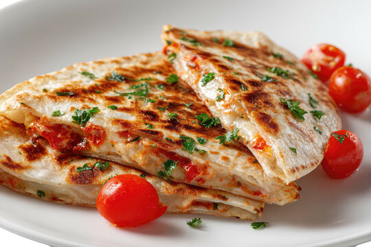 Golden quesadillas with tomatoes and parsley on a white plate