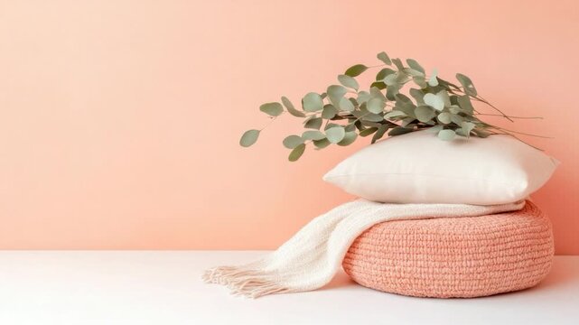 Soft peach-toned room with stacked pillows and a throw