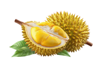 Spiky fruit halved, creamy yellow inside. Leaves beside it