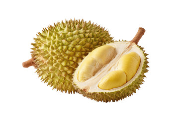Obraz premium Spiky durian fruit, one sliced open showing creamy interior