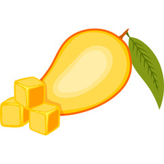 A Whole And Half Sliced Yellow Mango With Three Cubes Of Mango And A Green Leaf On A Transparent Background