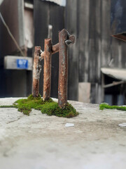 small angle still life, close-up of nails on concrete pillars like small fences