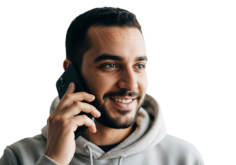 Man talking on the phone in a casual setting during the day with a friendly expression and relaxed attire