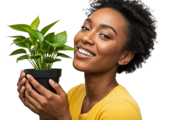 Woman smiles while holding a green potted plant in a bright room with natural light during daytime