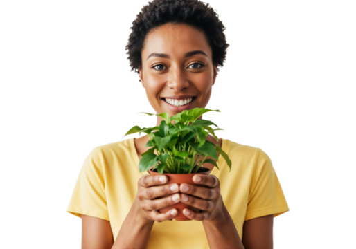 Woman smiles while holding a small green plant indoors in a bright setting - Powered by Adobe