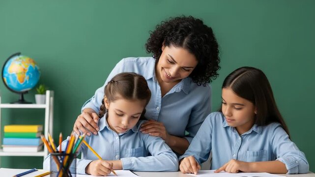 Teacher helping two young girls with schoolwork at a desk