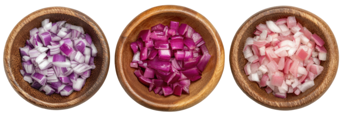 Diced red onions in wooden bowls with various color intensities