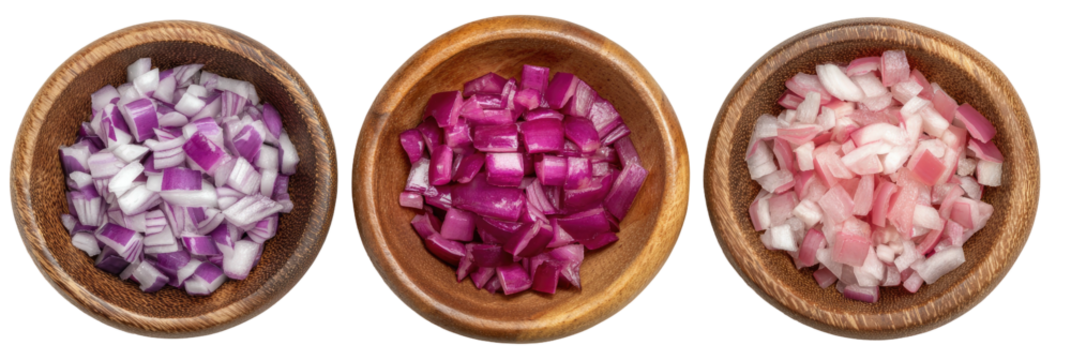 Diced red onions in wooden bowls with various color intensities