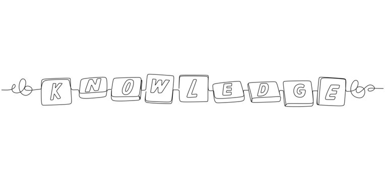 Minimalist one-line art illustration showing the word “KNOWLEDGE” written on square tiles connected by a single continuous line. The design represents learning, education, intelligence, information