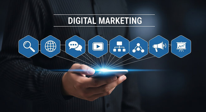 Digital Marketing: A visual representation of digital marketing strategy, symbolized through icons, integrated with a smartphone, depicting modern business practices and digital growth.
