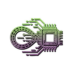 Obraz premium A sleek, gradient-colored digital graphic combines an infinity symbol with a detailed microchip, illustrating endless technological advancement and processing.