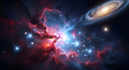 Fototapeta premium Stunning cosmic scene with vibrant nebula and distant galaxy