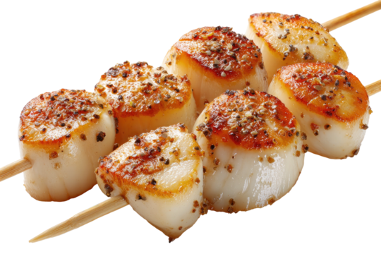 Skewered, seared scallops topped with cracked black pepper