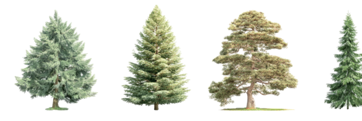 Four assorted evergreen trees stand together