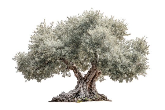 Isolated, gnarled olive tree with dense, silvery leaves