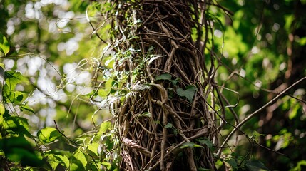  A tree trunk bound by thick vines in a forest, sunlight filtering through leaves.